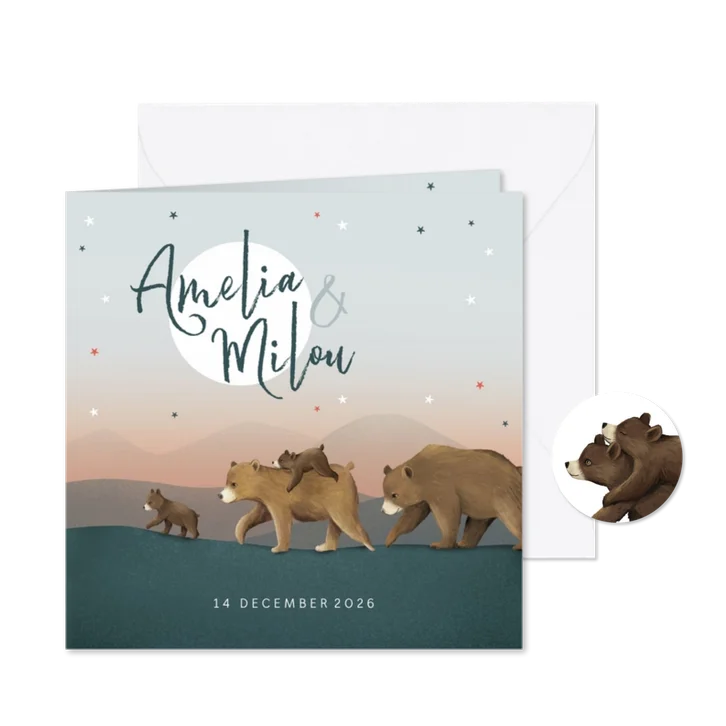 Geboortekaartje meisje tweeling dieren beren familie sterren
