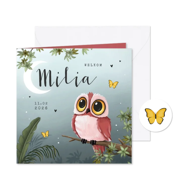 Geboortekaartje meisje uil nachtvlinders jungle boom sterren