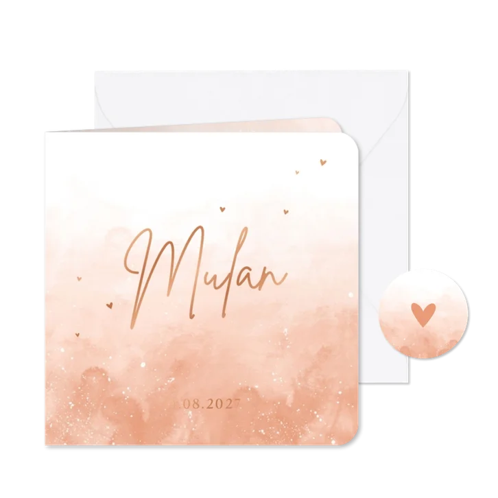 Geboortekaartje meisje waterverf hartjes koper