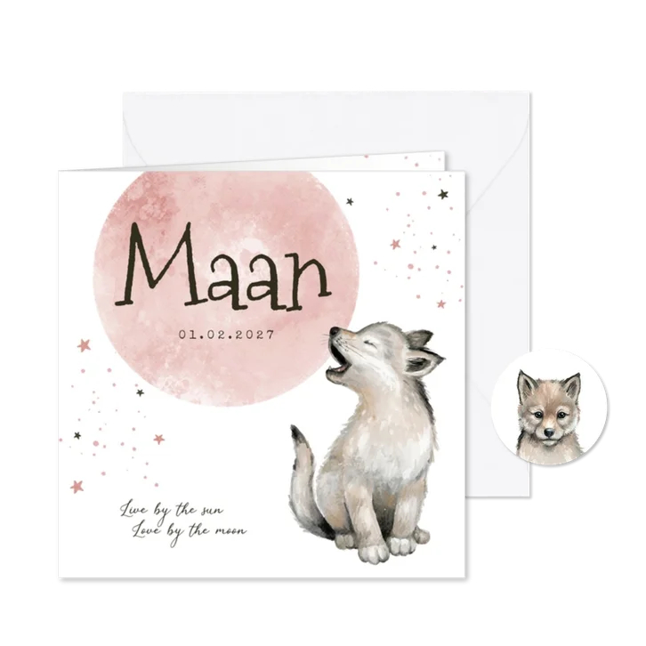 Geboortekaartje meisje wolf sterretjes maan waterverf