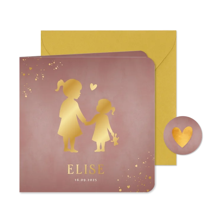 Geboortekaartje meisje zus met zusje silhouet in goudfolie