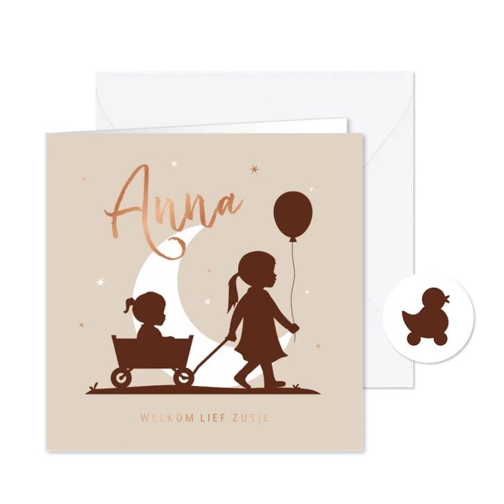 Geboortekaartje meisje zusje silhouet maan bolderkar zus