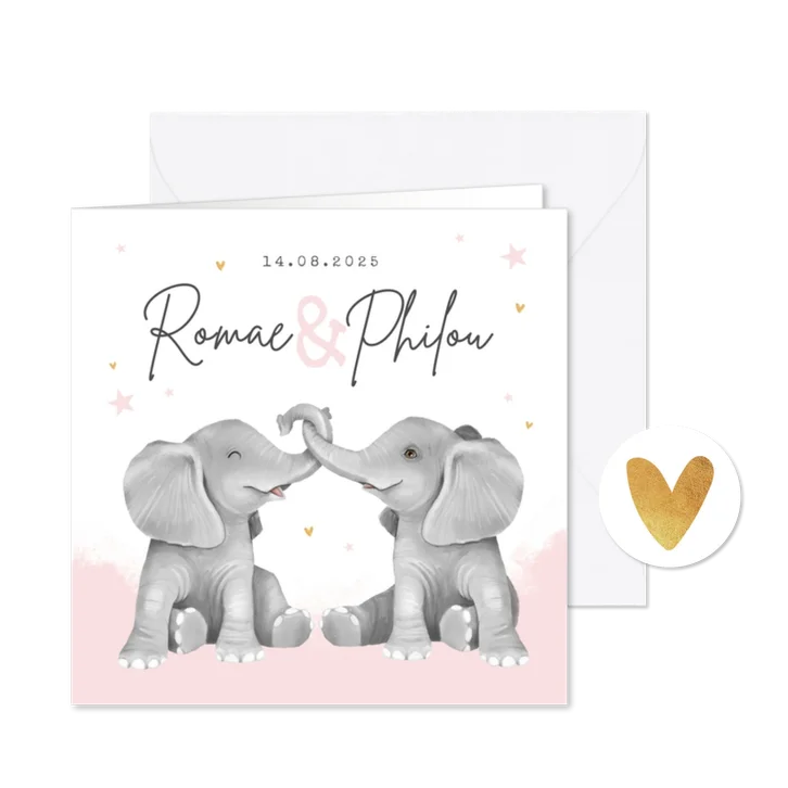 Geboortekaartje meisjes tweeling hartjes goud waterverf