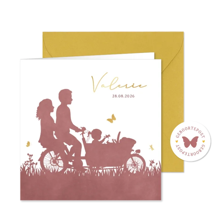 Geboortekaartje met bakfiets met grote zus en klein zusje