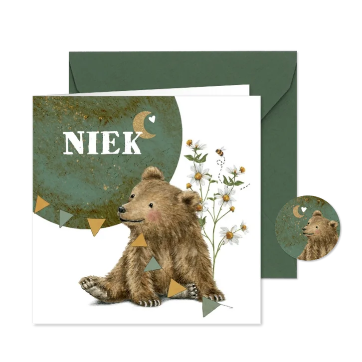 Geboortekaartje met beertje onder de maan