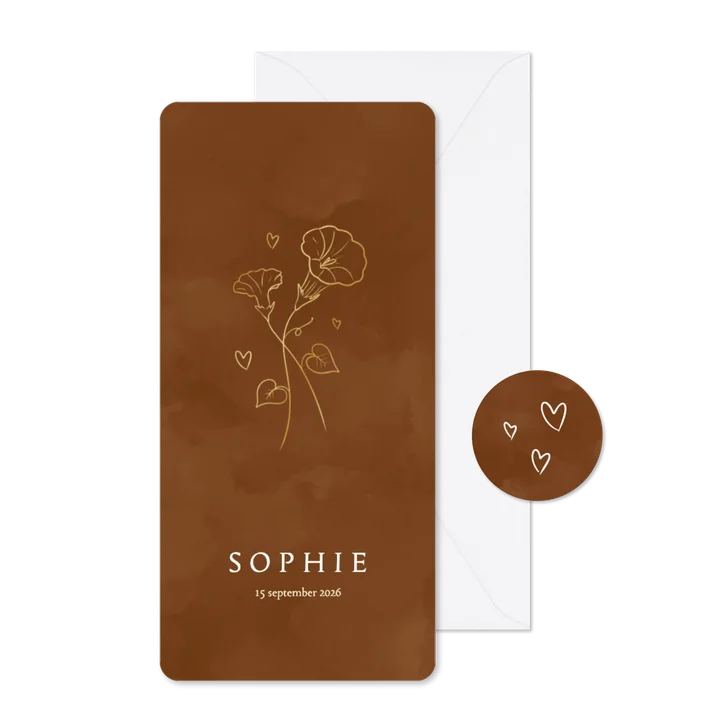 Geboortekaartje met birth flower van september dagbloem goud
