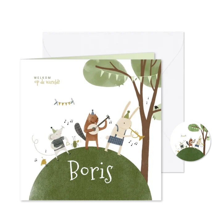Geboortekaartje met bosdiertjes en muziekinstrumenten