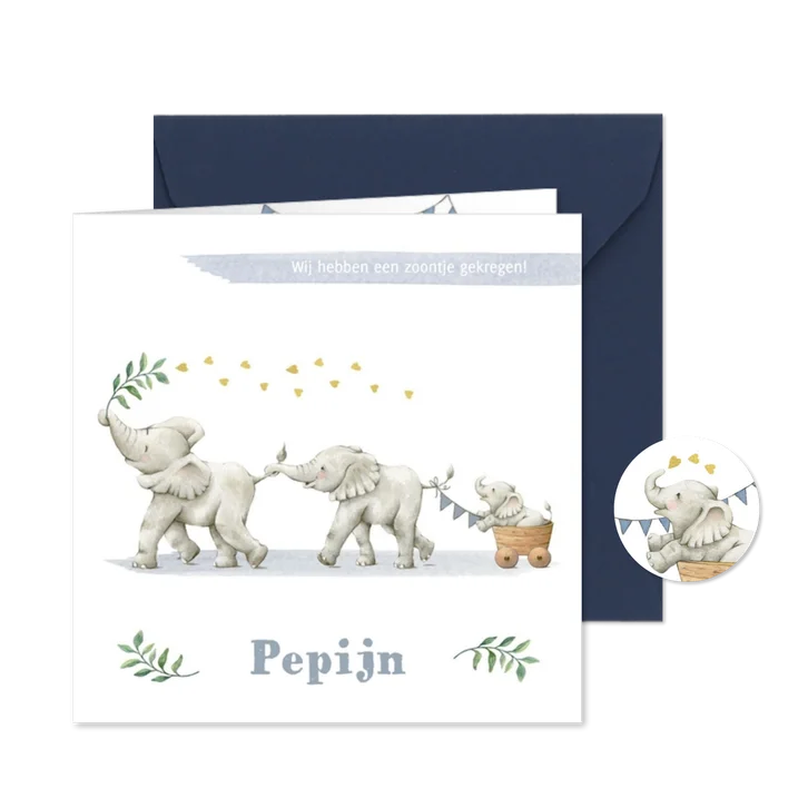 Geboortekaartje met drie olifantjes en hartjes van goud