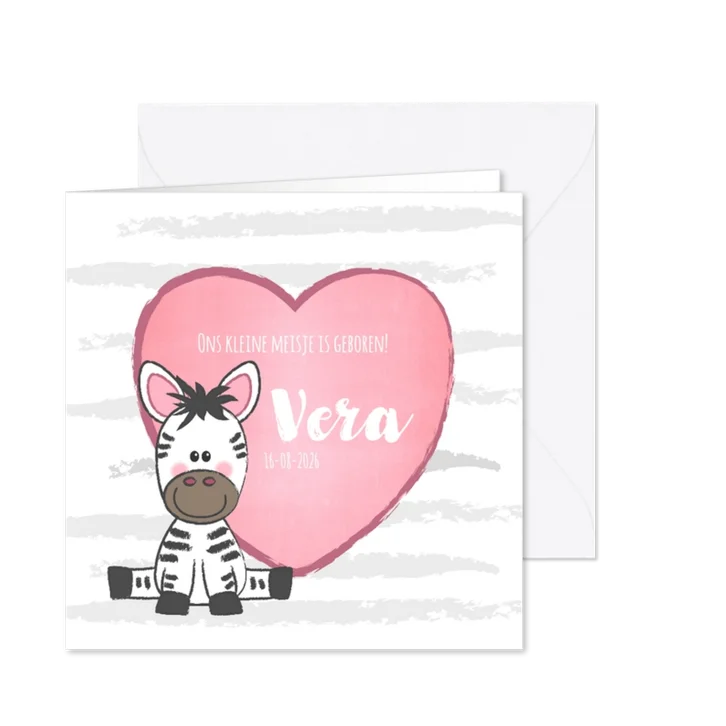 Geboortekaartje met een hartje en een zebra