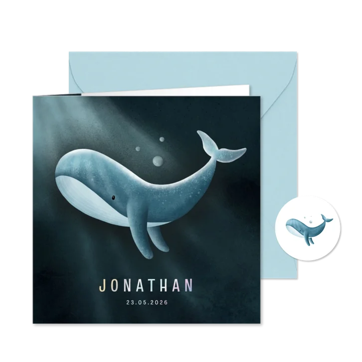 Geboortekaartje met een illustratie van walvis in de zee