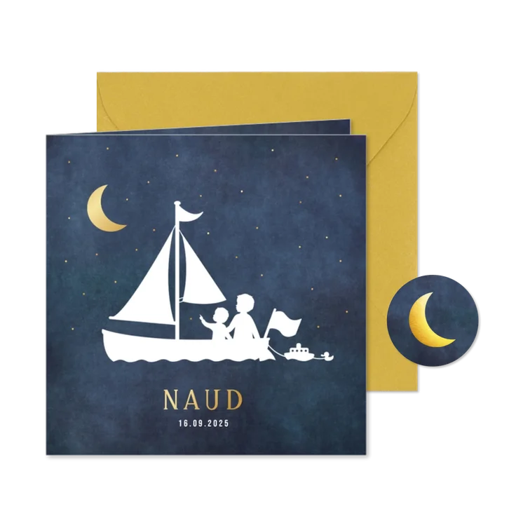 Geboortekaartje met een silhouet van broers in een zeilboot