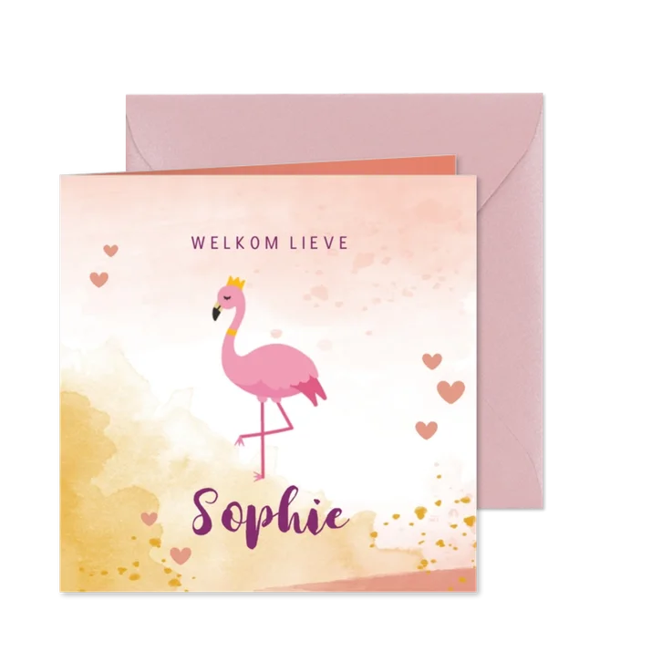 Geboortekaartje met flamingo illustratie en waterverf 