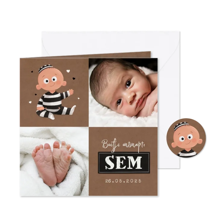 Geboortekaartje met foto lief babyboefje stoer crimineel
