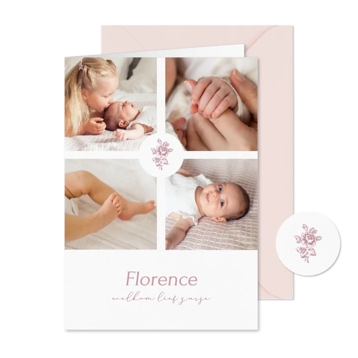 Geboortekaartje met fotocollage en vintage roze roosje
