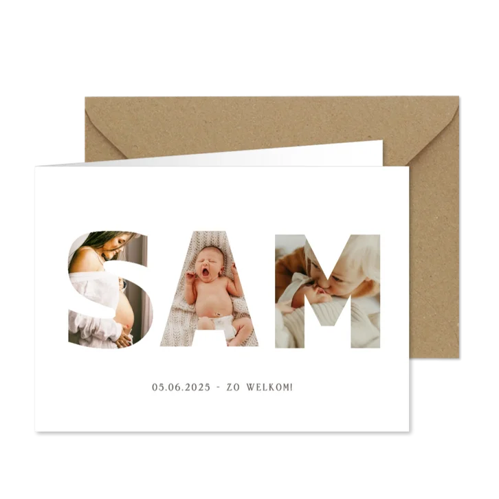 Geboortekaartje met foto's in letter van de naam