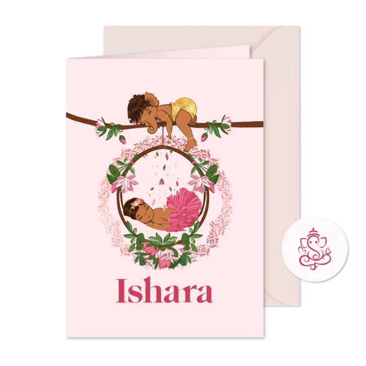 Geboortekaartje met Ganesha en baby meisje in wieg