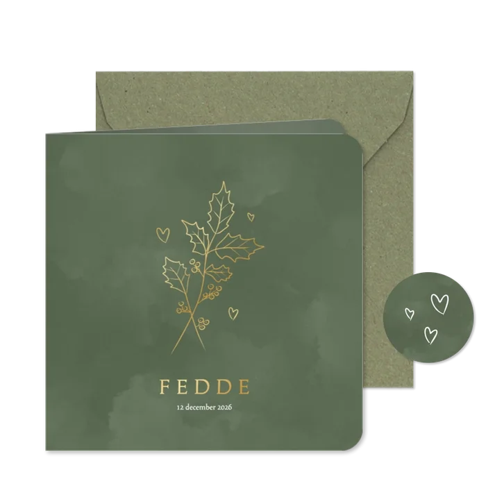 Geboortekaartje met geboortebloem december hulst goudfolie