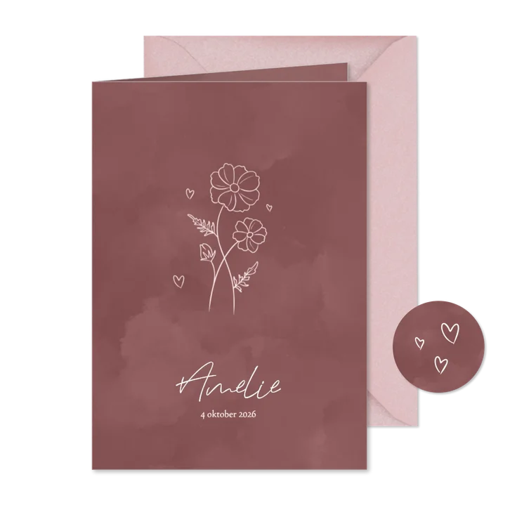 Geboortekaartje met geboortebloem oktober roze waterverf