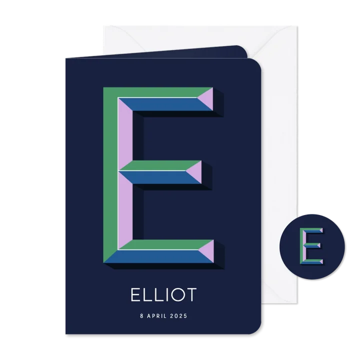 Geboortekaartje met gekleurde 3d letter E blauw