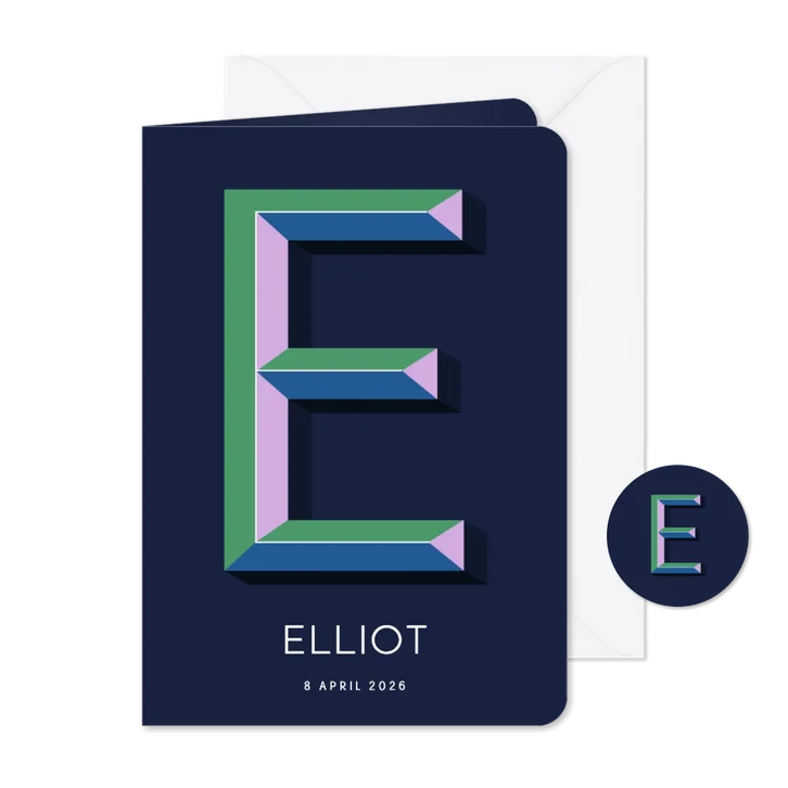 Geboortekaartje met gekleurde 3d letter E blauw