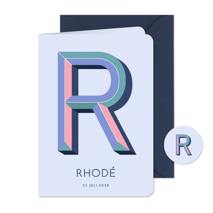 Geboortekaartje met gekleurde 3d letter R teal roze