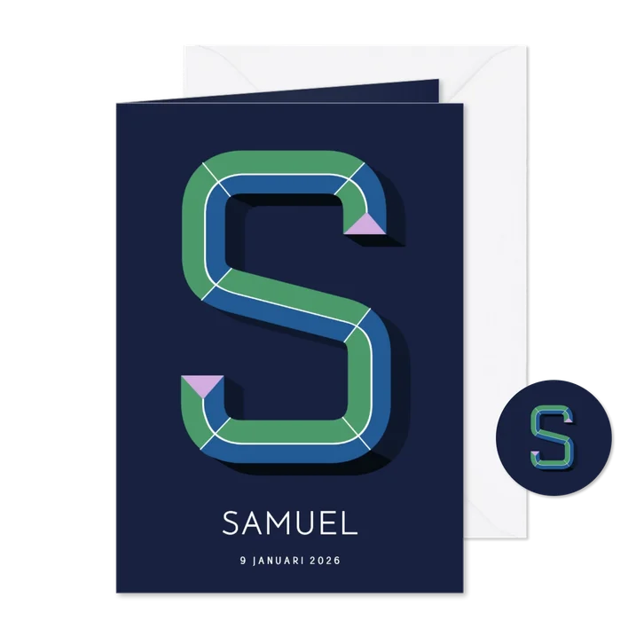 Geboortekaartje met gekleurde 3d letter S blauw paars