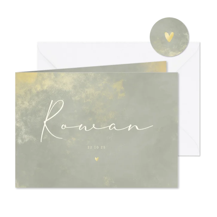 Geboortekaartje met gouden poeder en lichtgroene waterverf