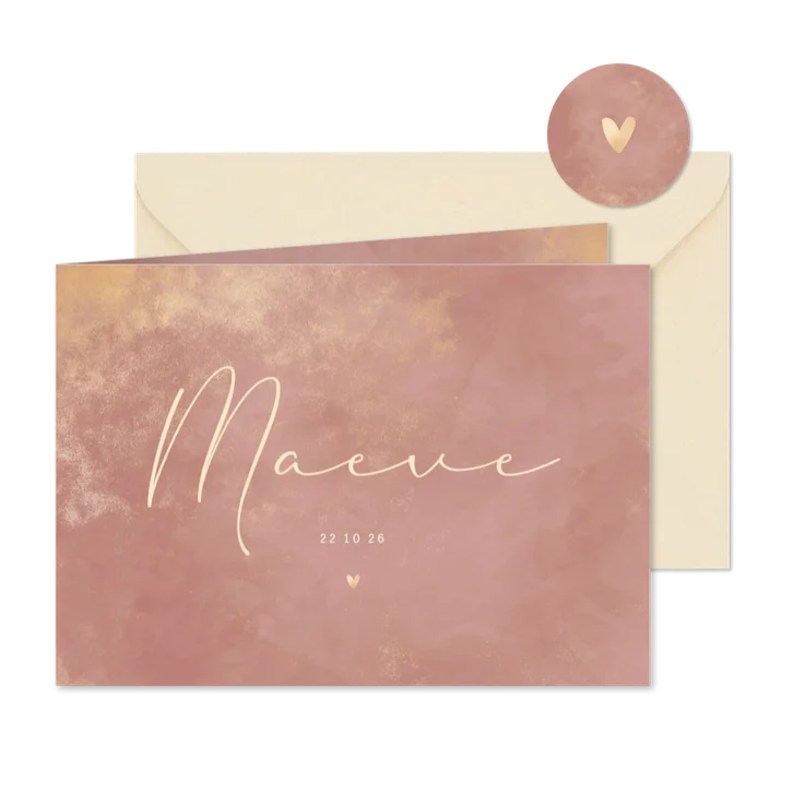 Geboortekaartje met gouden poeder en oudroze waterverf