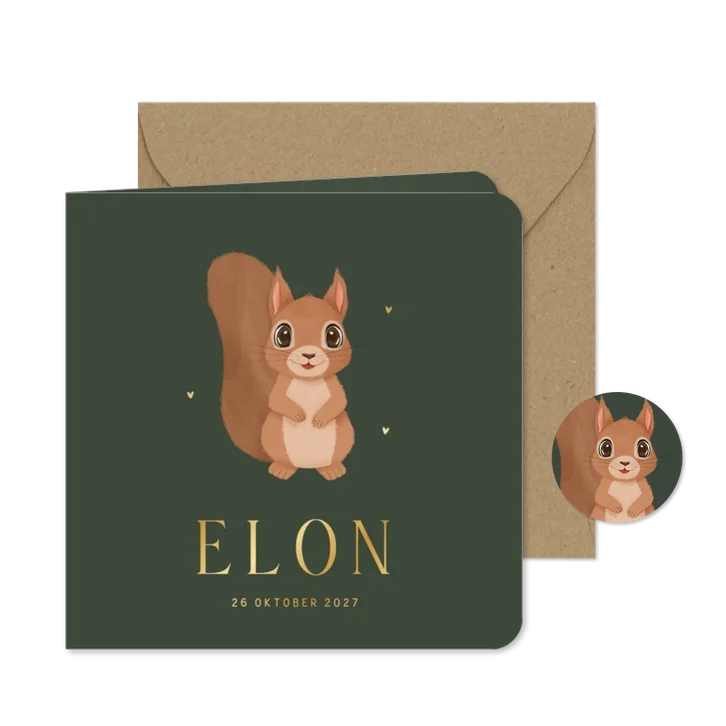 Geboortekaartje met illustratie eekhoorn donkergroen
