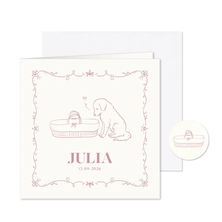 Geboortekaartje met illustratie hondje bij wieg roze