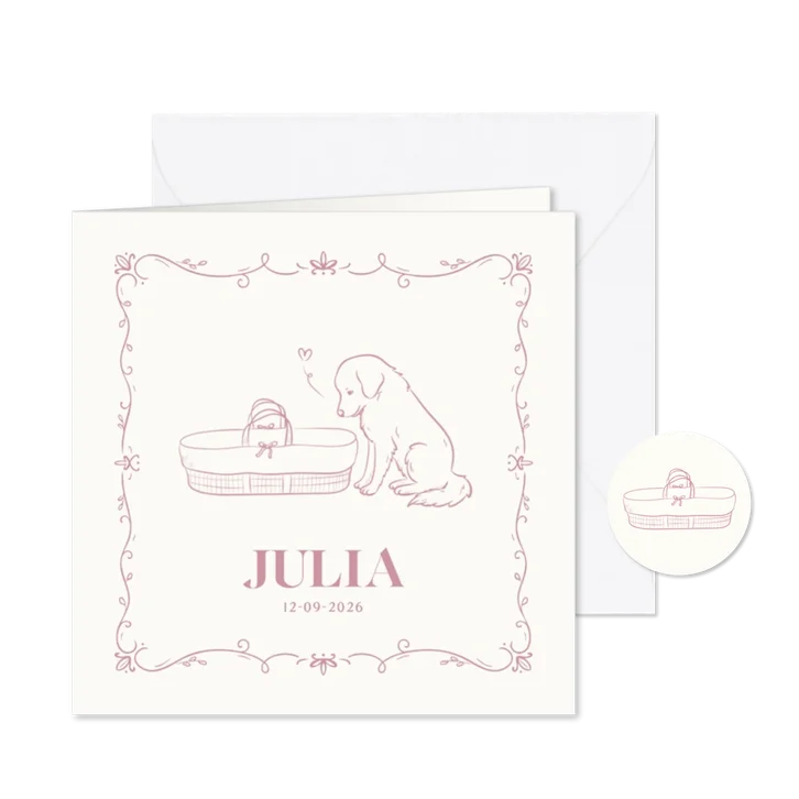 Geboortekaartje met illustratie hondje bij wieg roze