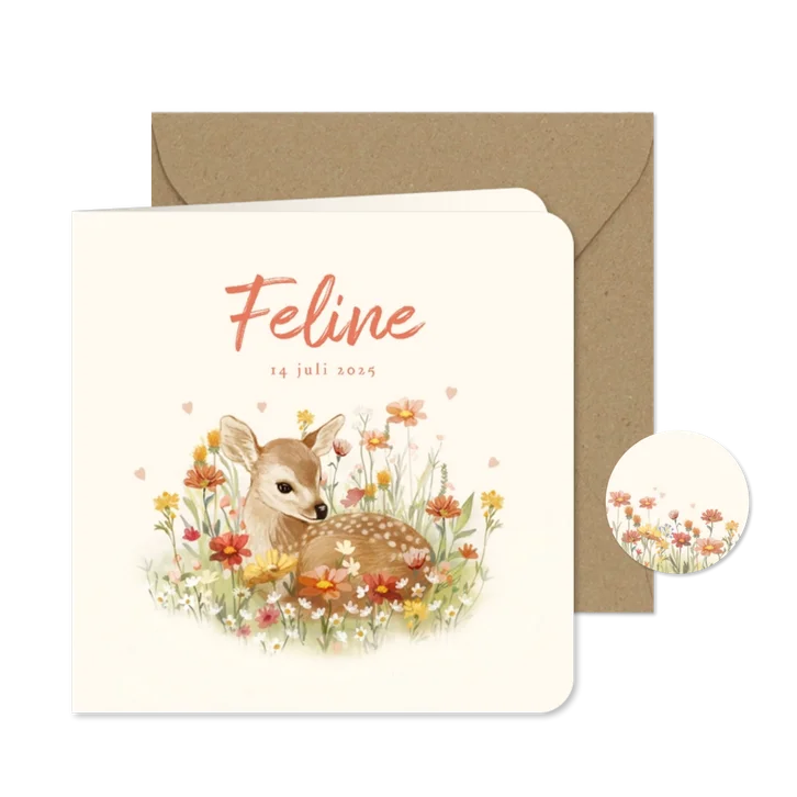 Geboortekaartje met jong hertje tussen de bloemen en hartjes