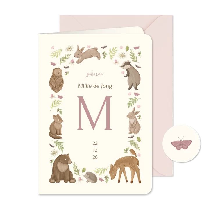 Geboortekaartje met kader van schattige dieren en plantjes