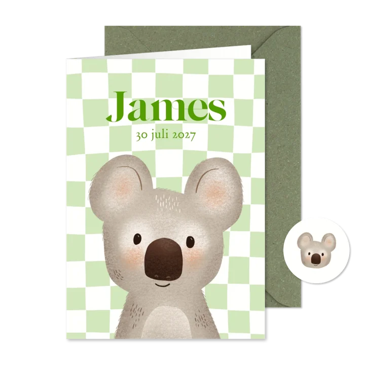 Geboortekaartje met koala met hip blokjespatroon