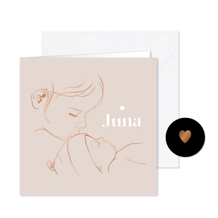 Geboortekaartje met koperlook illustratie 'zus kust baby' 