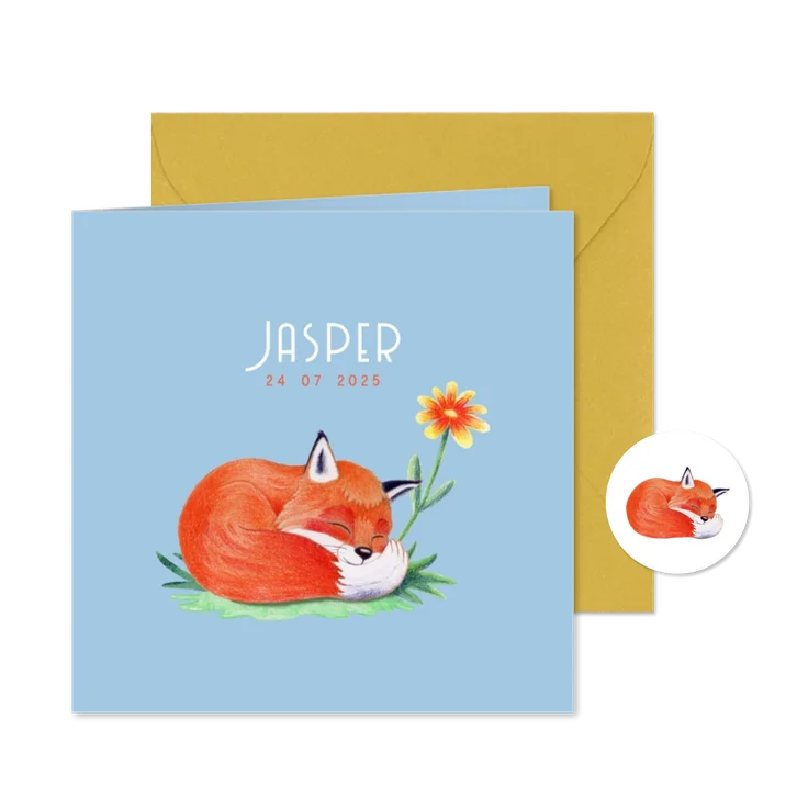 Geboortekaartje met lief slapend vosje voor een jongen