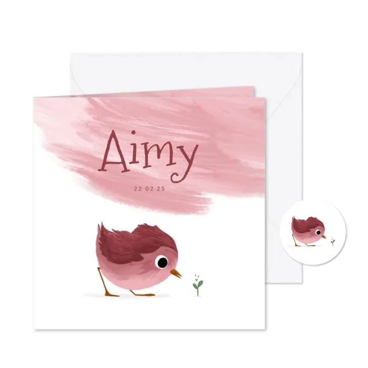 Geboortekaartje met lief vogeltje en roze verfstreep