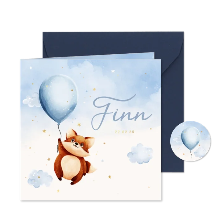 Geboortekaartje met lief vosje en een blauwe ballon