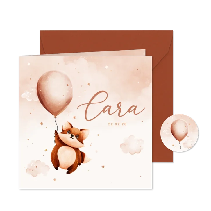 Geboortekaartje met lief vosje en een roze ballon