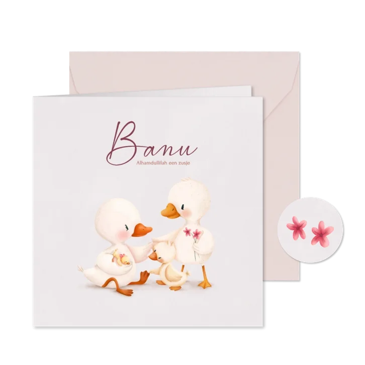 Geboortekaartje met liefdevolle familie eendjes illustratie