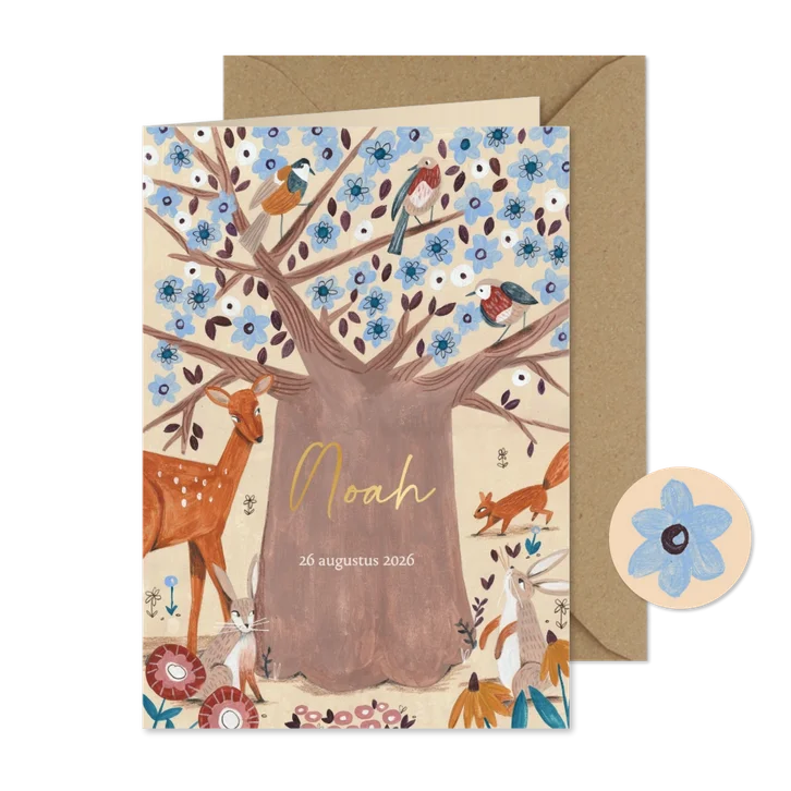 Geboortekaartje met lieve dieren om boom