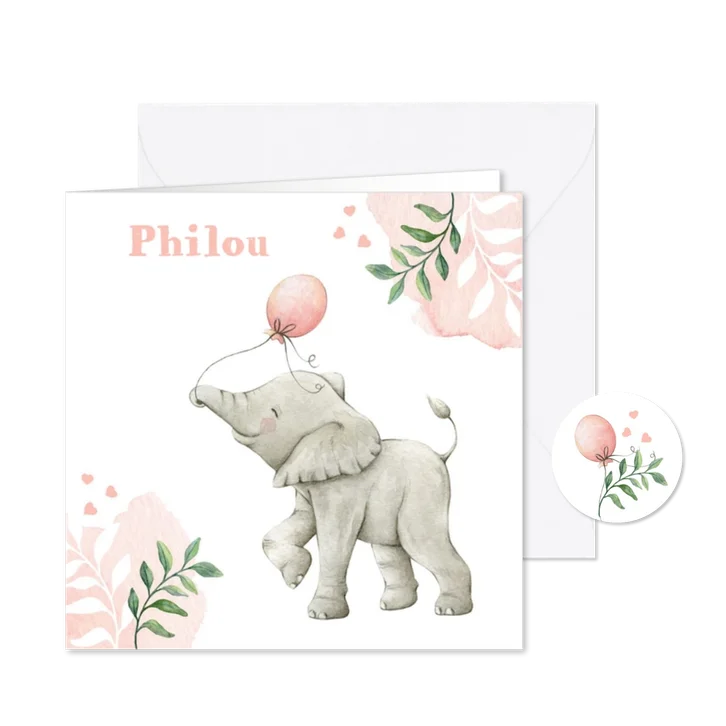 Geboortekaartje met lieve illustratie olifantje in aquarel