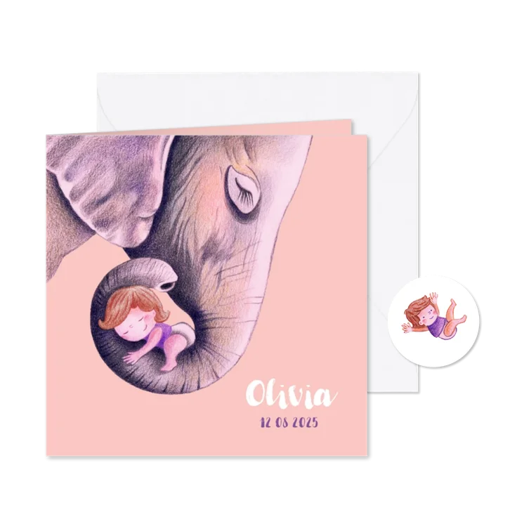 Geboortekaartje met lieve olifant illustratie