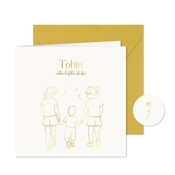 Geboortekaartje met lijntekening broertje met zussen goud