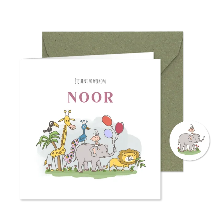 Geboortekaartje met meisje op olifant met wilde dieren