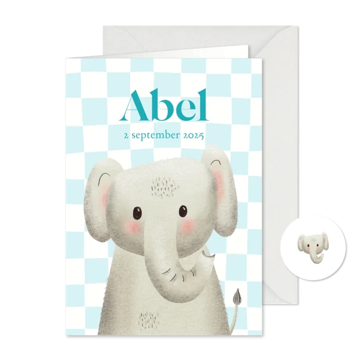 Geboortekaartje met olifant en hip blokjespatroon