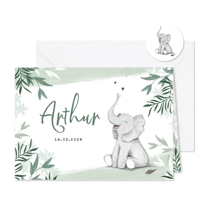 Geboortekaartje met olifant jongen groen jungle