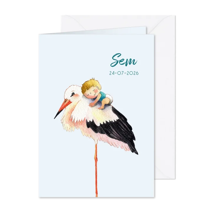 Geboortekaartje met ooievaar en jongetje op rug
