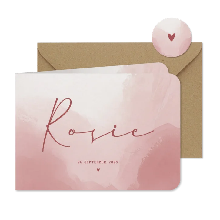 Geboortekaartje met roze waterverf en sierlijke naam