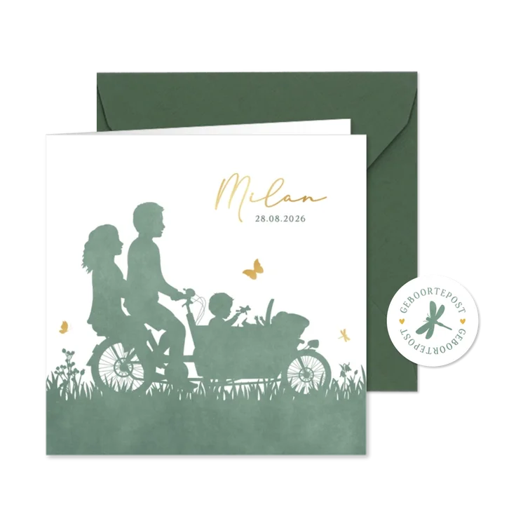 Geboortekaartje met silhouet van bakfiets met 2 broertjes